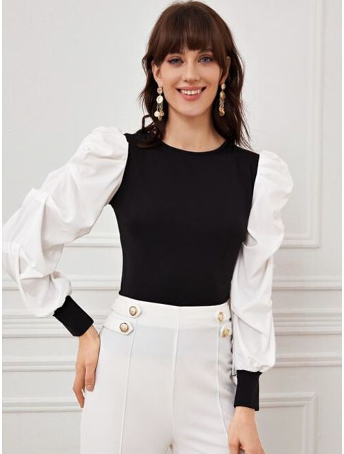 Two Tone Ruched Puff Sleeve Top