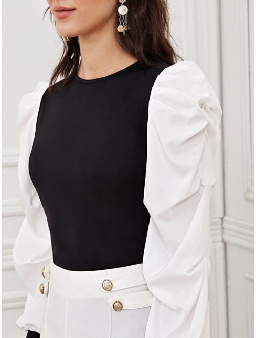 Two Tone Ruched Puff Sleeve Top