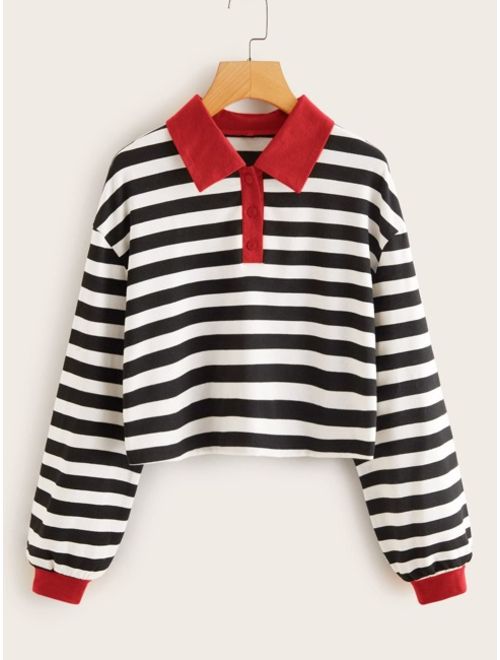 Shein Contrast Trim Striped Polo Collar Sweatshirt