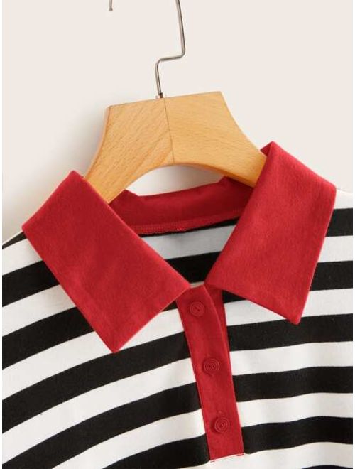 Shein Contrast Trim Striped Polo Collar Sweatshirt