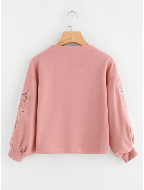 Shein Lantern Sleeve Floral Embroidered Sweatshirt