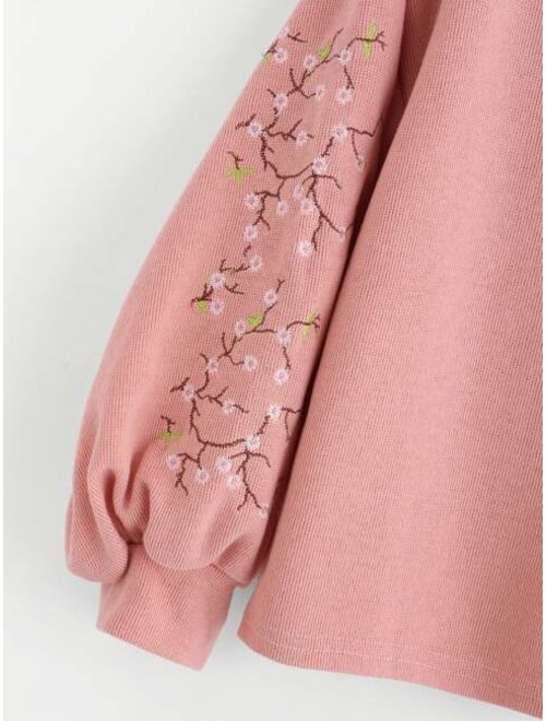Shein Lantern Sleeve Floral Embroidered Sweatshirt