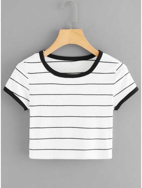 Shein Striped Ribbed Ringer Crop Tee