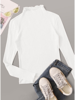 Mock-Neck Lettuce Trim Rib-knit Top
