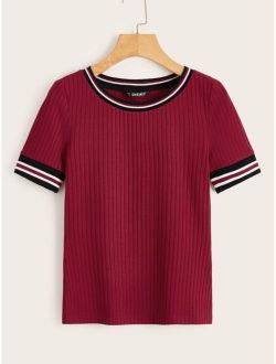 Striped Trim Rib-knit T-shirt