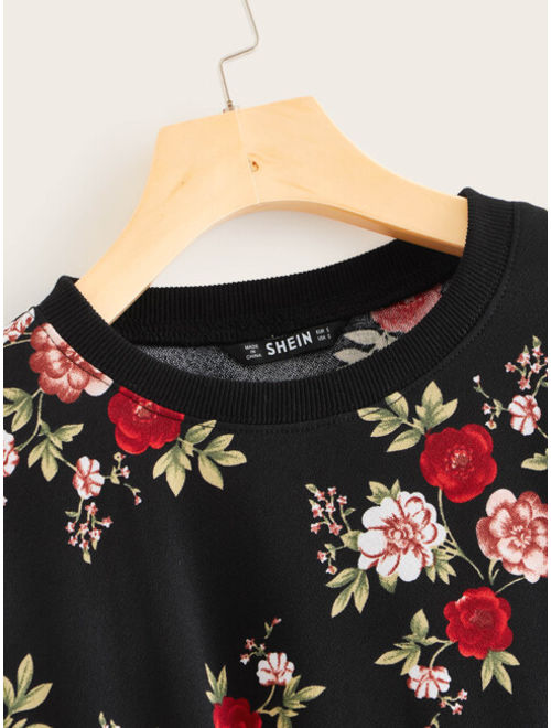 Shein Drop Shoulder Floral Print Pullover