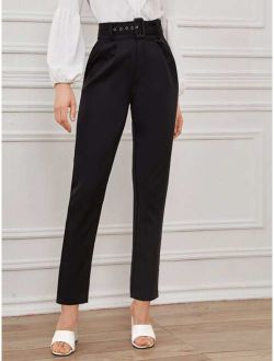 Solid Eyelet Buckle Belted Tailored Pants