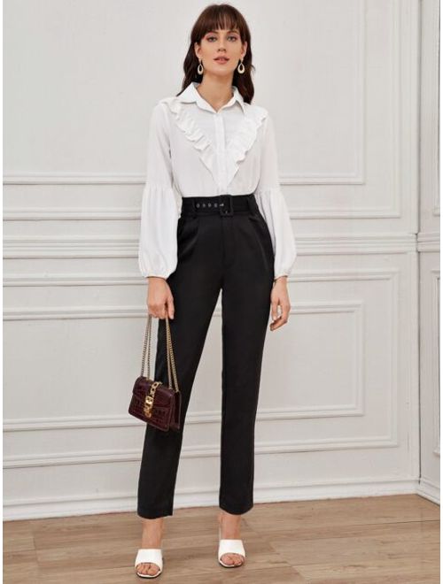 Shein Solid Eyelet Buckle Belted Tailored Pants
