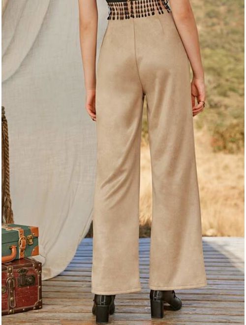 Shein Double Breasted Solid Suede Pants