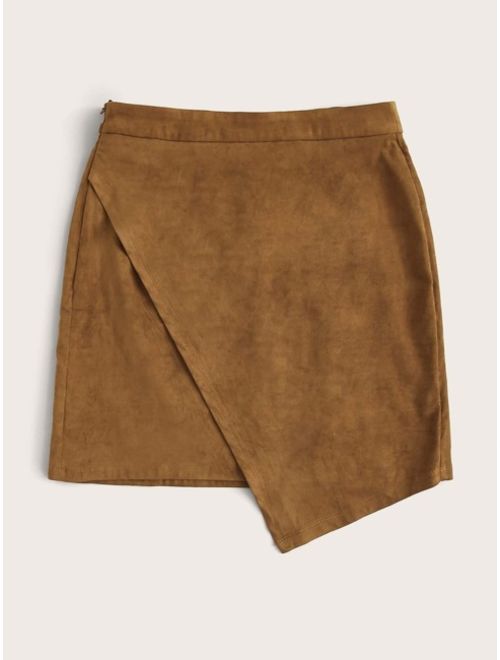 Shein Zip Side Wrap Asymmetrical Suede Skirt