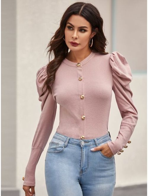 Shein Buttoned Front Leg-of-mutton Sleeve Top