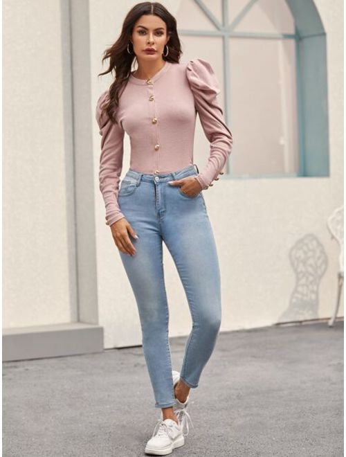 Shein Buttoned Front Leg-of-mutton Sleeve Top
