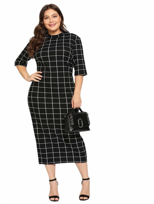 Floerns Women's Short Sleeve Plus Size Gingham Bodycon Business Pencil Dress