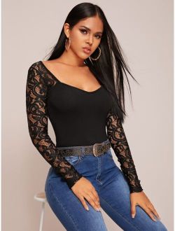 Sweetheart Neck Lace Sleeve Fitted Tee