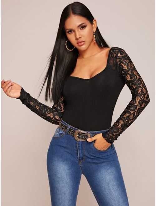 Shein Sweetheart Neck Lace Sleeve Fitted Tee