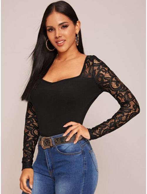 Shein Sweetheart Neck Lace Sleeve Fitted Tee