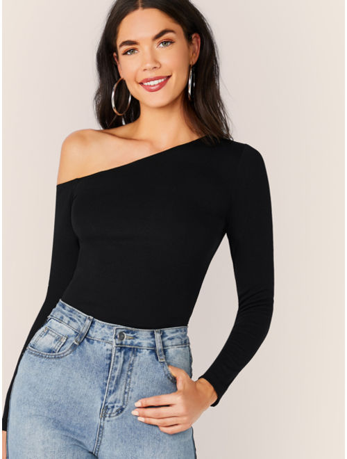 Shein Solid Asymmetrical Neck Form Fitted Top