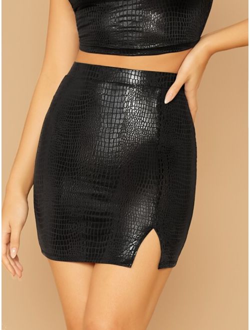 Shein Slit Hem Snake Embossed Bodycon Skirt