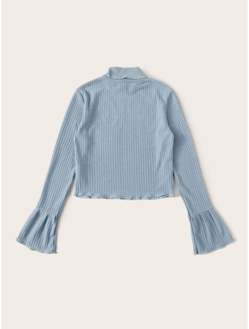 Shein Rolled Neck Bell Sleeve Rib-knit Tee