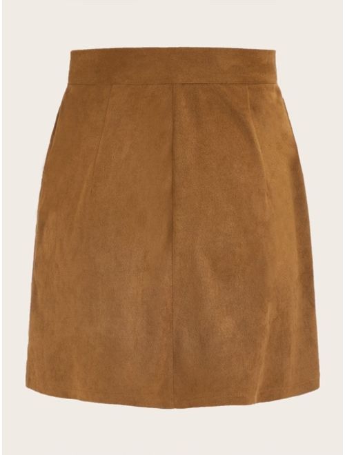 Shein Button Front Suede Straight Skirt