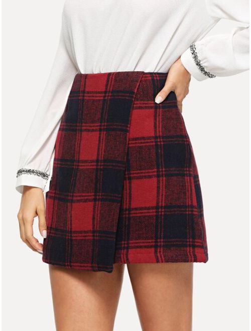 Shein O-Ring Zip Back Plaid Wrap Skirt
