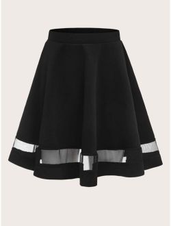 Wide Band Waist Mesh Insert Flare Skirt