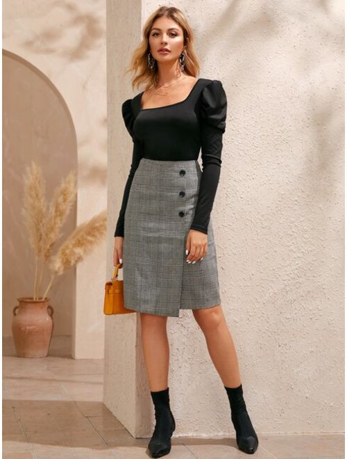 Shein Asymmetrical Hem Plaid Zip Back Straight Skirt