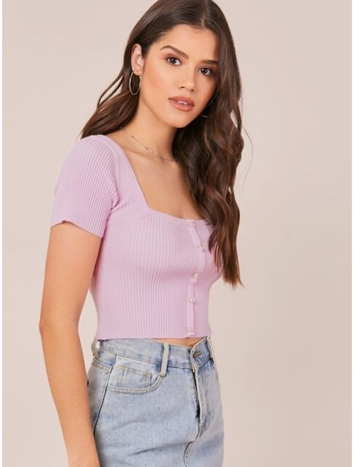 Shein Pearl Detail Square Neck Short Sleeve Rib Knit Top