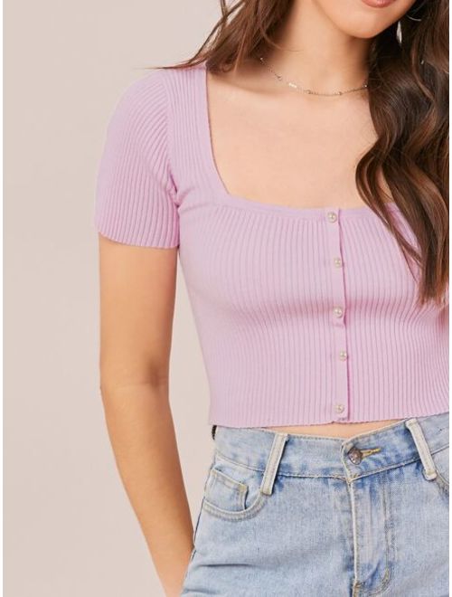 Shein Pearl Detail Square Neck Short Sleeve Rib Knit Top