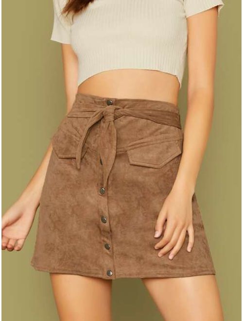 Shein Belted Waist Button Front Faux Suede Mini Skirt