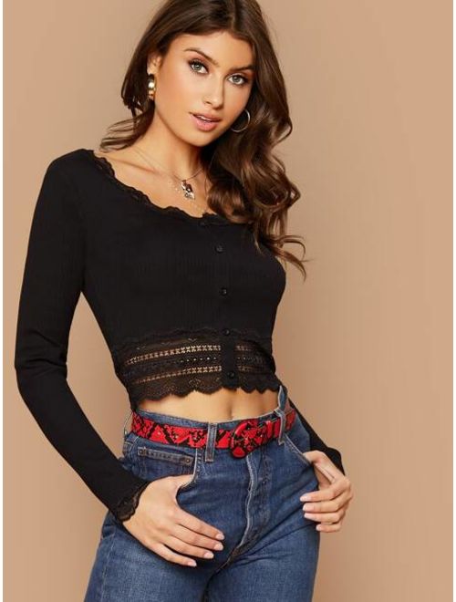 Shein Buttoned Front Lace Trim Crop Top