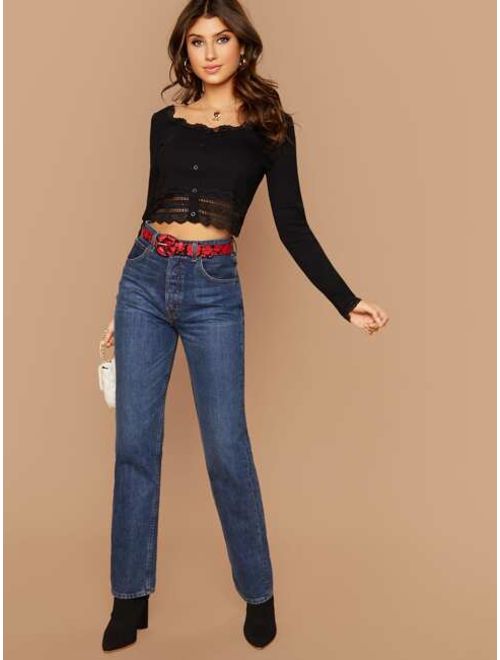 Shein Buttoned Front Lace Trim Crop Top
