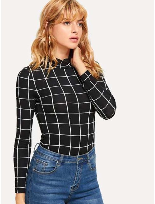 Shein Mock Neck Grid Fitted T-shirt
