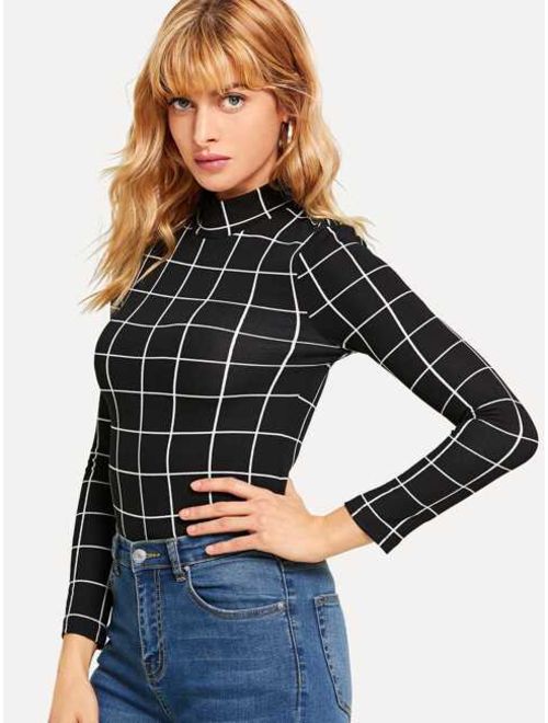 Shein Mock Neck Grid Fitted T-shirt