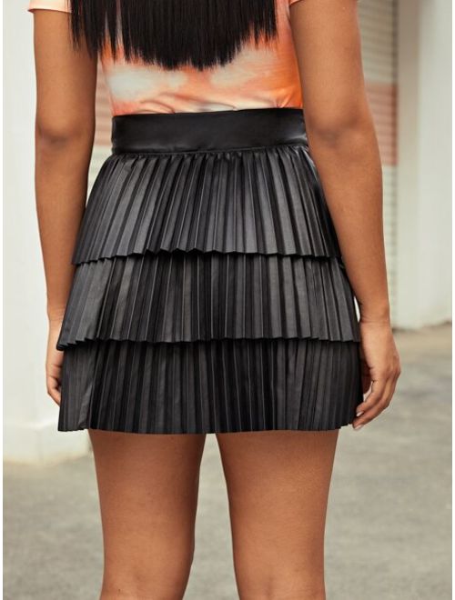 Shein Wide Waistband Layered Pleated Faux Leather Skirt