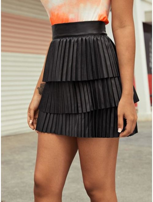 Shein Wide Waistband Layered Pleated Faux Leather Skirt