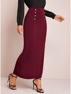 Solid Buttoned Front Maxi Pencil Skirt