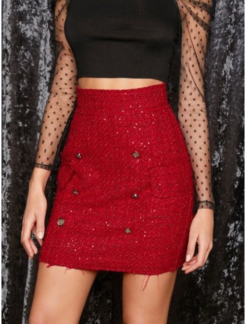 Shein Wide Band Waist Double Breasted Tweed Skirt