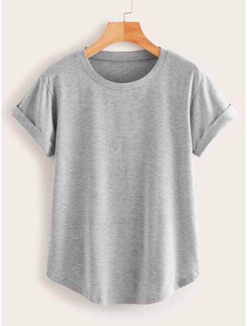 Solid Rolled Cuff Curved Hem Tee