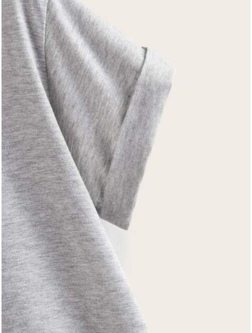 Solid Rolled Cuff Curved Hem Tee