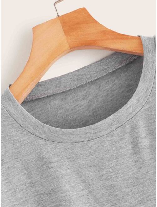 Solid Rolled Cuff Curved Hem Tee