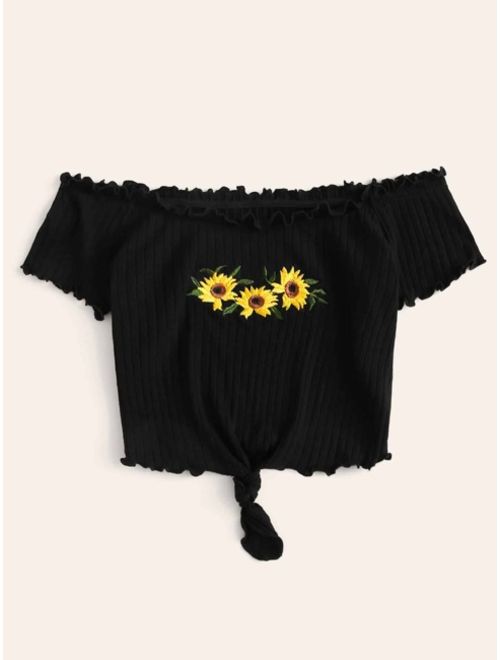 Shein Embroidered Sunflower Lettuce Trim Rib-knit Bardot Top