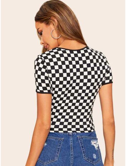 Shein Cut-Out Front Checked Crop Tee