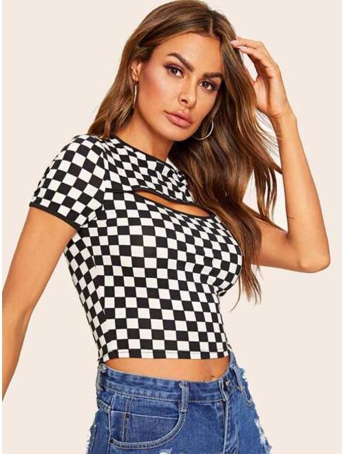 Shein Cut-Out Front Checked Crop Tee