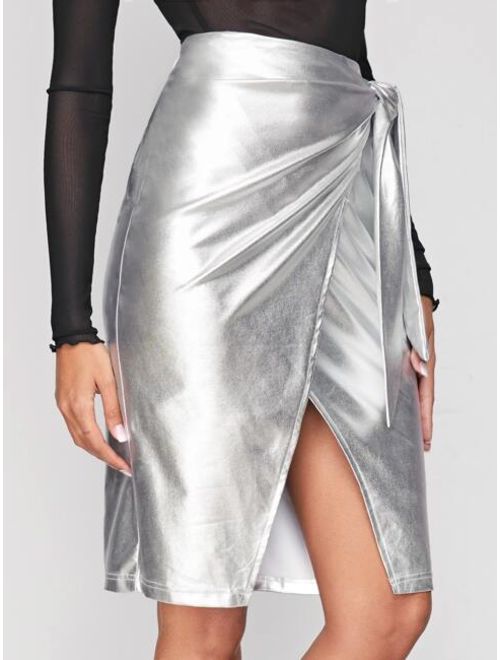 Shein Wrap Tie Side Metallic Skirt