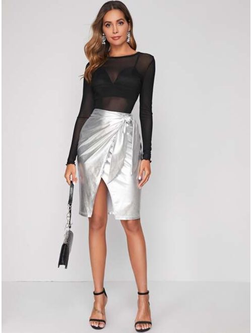Shein Wrap Tie Side Metallic Skirt