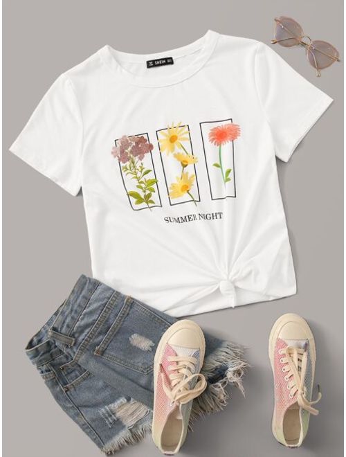 Shein Slogan and Flower Print Tee