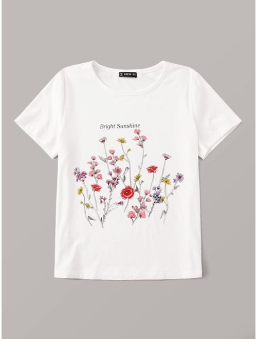 Shein Slogan and Floral Print Tee