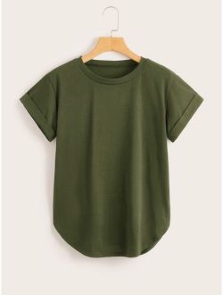 Rolled Cuff Curved Hem Solid Tee