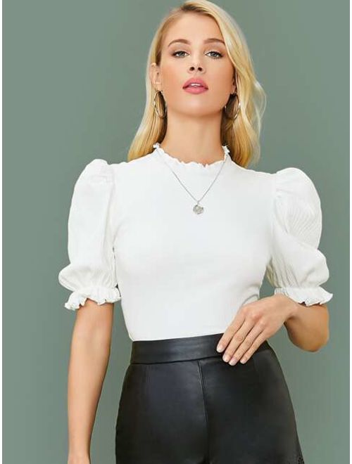 Shein Frill Trim Puff Sleeve Solid Top
